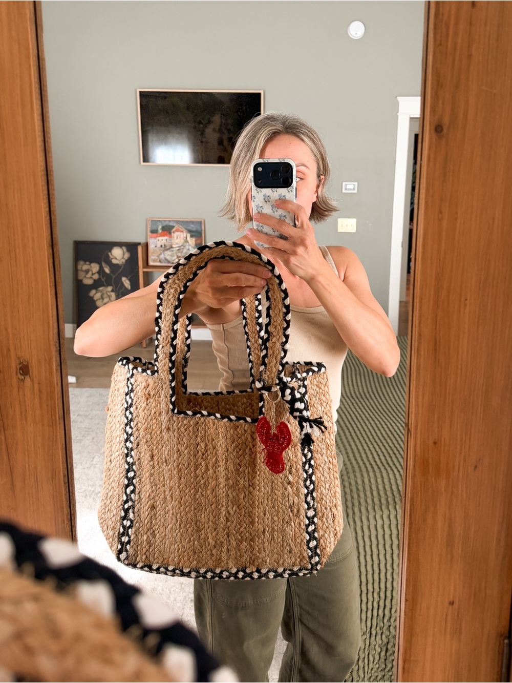 Woven Straw Jute Beach Tote with Lobster Charm | Coastal Summer Bag - Picture 2 of 5